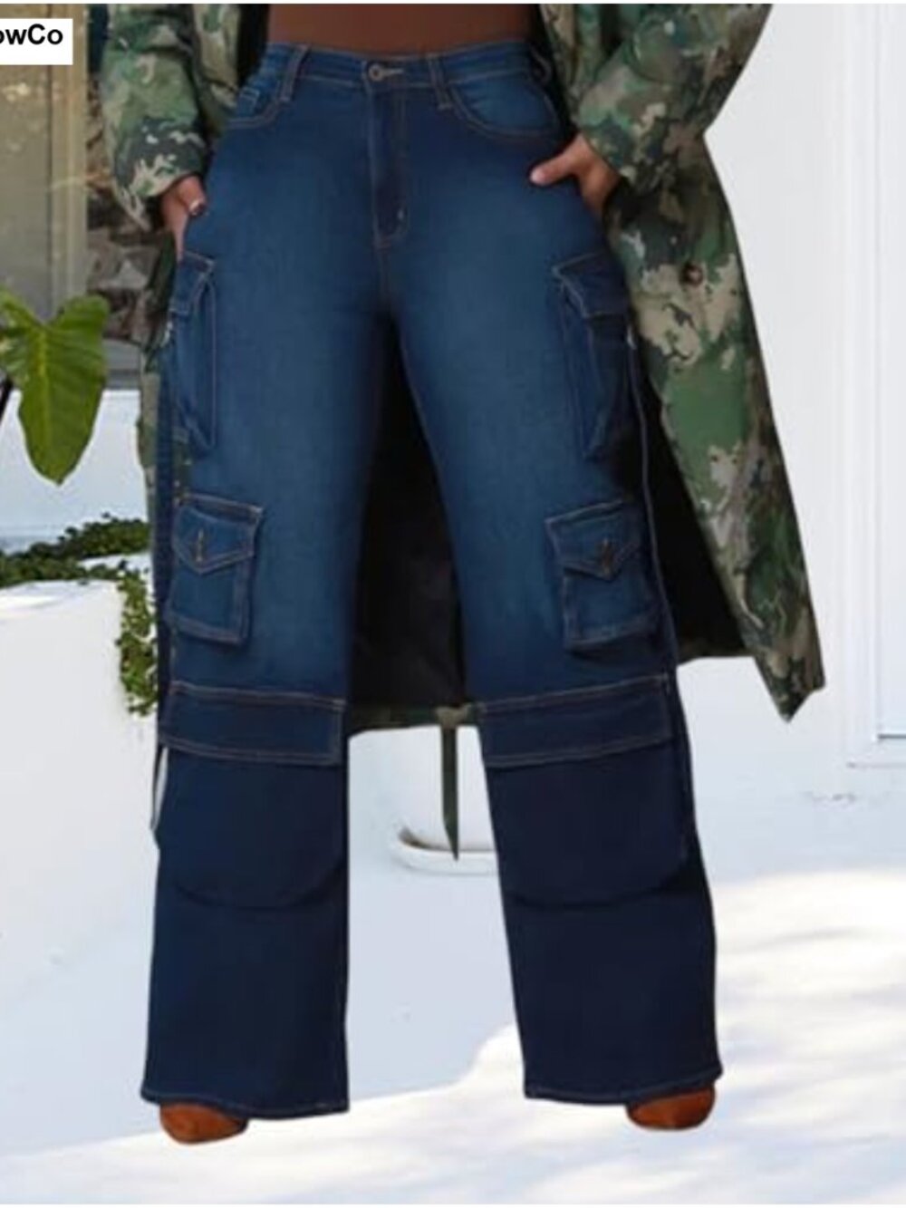 Wide Leg Cargo Jeans High Waisted Stretchy Baggy Denim Pants - Picture 5 of 6